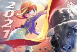 Rule 34 | 1girl, 2021, blue eyes, blue jacket, braid, braided ponytail, bull, bullfighting, chinese zodiac, commentary request, flower, green pants, hair flower, hair ornament, highres, jacket, leaning forward, long sleeves, looking at viewer, matador, muleta, new year, niina ryou, open mouth, original, pants, partial commentary, purple flower, red hair, single braid, smile, solo, standing, year of the ox