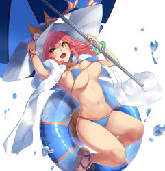 Rule 34 | 1girl, :d, absurdres, animal ears, arm up, armpits, bare legs, beach umbrella, bikini, blue bikini, bracelet, breasts, brown eyes, ears through headwear, enosan, fang, fate/grand order, fate (series), fox ears, fox tail, hair between eyes, hand on headwear, hat, hat ribbon, highres, innertube, jewelry, large breasts, long hair, looking at viewer, navel, open mouth, pink hair, ribbon, sandals, simple background, smile, solo, sparkle, sun hat, swim ring, swimsuit, tail, tamamo (fate), tamamo no mae (fate/extra), tamamo no mae (swimsuit lancer) (fate), tamamo no mae (swimsuit lancer) (third ascension) (fate), umbrella, unaligned breasts, water drop, white background, white hat
