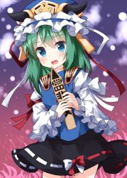 Rule 34 | 1girl, asymmetrical hair, black skirt, blue eyes, blue vest, blurry, blush, bokeh, bow, breasts, contrapposto, cowboy shot, depth of field, frills, gold trim, gradient background, green hair, hair between eyes, hands up, hat, highres, holding rod, juliet sleeves, long sleeves, looking at viewer, medium hair, one-hour drawing challenge, open mouth, puffy sleeves, red bow, rod of remorse, ruu (tksymkw), shiki eiki, simple background, skirt, small breasts, solo, sweat, touhou, two-tone bow, vest, white bow, wide sleeves