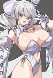 Rule 34 | 1girl, breasts, cleavage, demon girl, demon horns, demon wings, dress, duel monster, gloves, grey eyes, horns, large breasts, looking at viewer, lovely labrynth of the silver castle, low wings, pointy ears, prawnlunchset, smile, solo, twintails, unfinished, white hair, white horns, wings, yu-gi-oh!