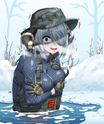 Rule 34 | 1girl, absurdres, bare tree, black eyes, blue bodysuit, blue hair, blue wetsuit, body armor, bodysuit, boonie hat, breasts, breath, brown gloves, buckle, chain, cold, crying, diving suit, gloves, hair over one eye, hat, highres, hitch (perotoss), horns, korean text, large breasts, looking at viewer, medium hair, military, military hat, open mouth, original, partially submerged, republic of korea army, sharp teeth, smile, snap-fit buckle, snot, snow, solo, teeth, tree, trembling, upper body, wetsuit, winter