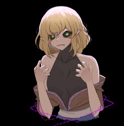 Rule 34 | 1girl, black background, black sclera, black shirt, blonde hair, blood, bloody tears, breasts, brown shirt, colored sclera, commentary, green eyes, hair between eyes, highres, long bangs, looking at viewer, mata (matasoup), mizuhashi parsee, off shoulder, open mouth, pointy ears, sash, shirt, short hair, simple background, sleeveless, sleeveless shirt, small breasts, solo, touhou, undershirt, upper body, white sash
