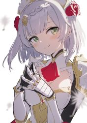Rule 34 | 1girl, armor, blunt bangs, blush, bob cut, braid, breastplate, breasts, cleavage, flower, genshin impact, gloves, gotyou, green eyes, grey hair, hair flower, hair ornament, highres, looking at viewer, maid headdress, noelle (genshin impact), red flower, red rose, rose, short hair, simple background, smile, solo, upper body, vambraces, white background