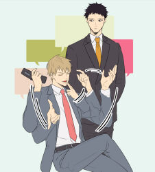 Rule 34 | 2496oyakodon, 2boys, black eyes, black hair, blonde hair, brown suit, closed eyes, feet out of frame, formal, grey suit, highres, holding, holding phone, invisible chair, looking at another, male focus, mob psycho 100, multiple boys, multiple hands, phone, reigen arataka, serizawa katsuya, short hair, sitting, smile, standing, suit, talking on phone