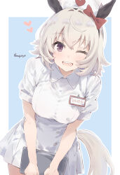 Rule 34 | 1girl, animal ears, curren chan (umamusume), dress, ear covers, hat, highres, horse ears, horse girl, horse tail, kannagiray, looking at viewer, nurse, nurse cap, one eye closed, open mouth, puffy short sleeves, puffy sleeves, purple eyes, short hair, short sleeves, smile, solo, tail, twitter username, umamusume, white dress, white hat