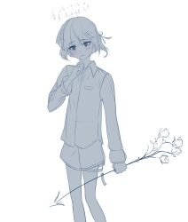 Rule 34 | 1girl, absurdres, blush, collared shirt, feet out of frame, flower, hair ornament, hair ribbon, hairclip, halo, hand up, highres, holding, holding flower, long sleeves, monochrome, original, parted lips, ribbon, sabaumako, shirt, short hair, shorts, simple background, solo, standing, white background