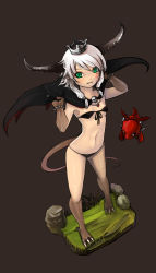 Rule 34 | 1girl, bikini, bracelet, cape, crown, dragon, dragon girl, dragon horns, dragon tail, faux figurine, front-tie top, green eyes, highres, horns, jewelry, looking at viewer, monster girl, original, prototype-d, simple background, solo, swimsuit, tail, twintails, white hair