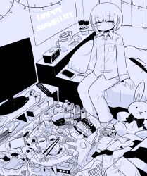 Rule 34 | 1girl, :x, absurdres, album cover, animal ears, bed, blanket, blunt bangs, bottle, bowl, breast pocket, can, candy, cellphone, chips (food), chopsticks, christmas lights, collared shirt, controller, cover, crazy, cup, curtains, drink can, empty eyes, flower, food, game console, game controller, highres, knife, limited palette, long sleeves, m imi mi, messy room, milmir29, neck ribbon, on bed, original, pajamas, pants, phone, pill, pillow, playstation 1, pocket, potato, potato chips, rabbit, remote control, ribbon, shirt, short hair, sitting, smartphone, soda, soda bottle, soda can, stuffed animal, stuffed toy, suicide, table, television, yami kawaii