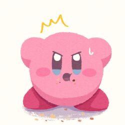 Rule 34 | ^^^, blue eyes, commentary request, crumbs, food, food on face, highres, kirby, kirby (series), looking at viewer, miclot, nintendo, no humans, open mouth, pink footwear, shoes, simple background, sweat, white background