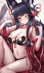 Rule 34 | 1girl, animal ears, bare shoulders, bell, bikini, black bikini, black hair, blush, breasts, breath, cleavage, collarbone, erune, fang, fox ears, fox tail, gold trim, granblue fantasy, hair bell, hair ornament, hand up, heavy breathing, jingle bell, knee up, large breasts, large tail, long hair, long sleeves, looking at viewer, navel, off shoulder, one eye closed, parted lips, sitting, smile, snm (sunimi), solo, stomach, swimsuit, tail, thighs, untied bikini, wide sleeves, yuel (granblue fantasy)