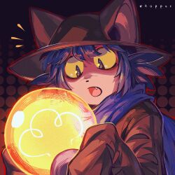 Rule 34 | 1other, :o, absurdres, animal ears, animal hat, artist name, black headwear, brown jacket, cat ears, cat hat, colored sclera, commentary, commission, fang, hat, highres, holding, jacket, light bulb, long sleeves, niko (oneshot), oneshot (game), open mouth, purple eyes, purple hair, purple scarf, scarf, short hair, slit pupils, upper body, whopper (artist), yellow sclera