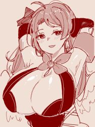 Rule 34 | 1girl, ahoge, armband, armpits, arms behind head, blush, bow, bowtie, breasts, cleavage, earrings, gloves, huge breasts, jewelry, long hair, looking at viewer, magicami, ohtori aka, open mouth, saidasai, sidelocks, sketch, smile