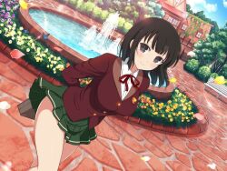 Rule 34 | 1girl, bench, black eyes, black hair, blue butterfly, blue sky, blush, bow, breasts, bug, building, bush, butterfly, buttons, cloud, cobblestone, cosplay, day, falling petals, flower, fountain, high school dxd, house, insect, jacket, kagura (senran kagura), large breasts, looking at viewer, miniskirt, official art, orange flower, outdoors, park, park bench, path, petals, plant, purple flower, raynare, raynare (cosplay), red bow, red flower, red jacket, red ribbon, ribbon, road, school uniform, senran kagura, senran kagura new link, shirt, short hair, skirt, sky, smile, solo, stone walkway, symbol-shaped pupils, tree, vines, water, white flower, white shirt, window, yaegashi nan, yellow flower