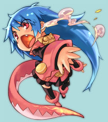 Rule 34 | 1girl, blue hair, blush, boots, dragon tail, fang, fire, long hair, monster girl, original, pink footwear, red eyes, rumie, skirt, smoke, solo, tail, thighhighs, tiona