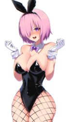Rule 34 | 1girl, animal ears, bare shoulders, blush, breasts, cleavage, detached collar, fake animal ears, fate/grand order, fate (series), fishnet pantyhose, fishnets, gloves, highres, large breasts, leotard, looking at viewer, mash kyrielight, open mouth, pantyhose, playboy bunny, purple eyes, purple hair, shooot108, short hair, solo, strapless, wrist cuffs