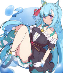 Rule 34 | 1girl, animal ears, asymmetrical footwear, asymmetrical sleeves, bare shoulders, black footwear, black gloves, blue hair, blush, boots, braid, closed mouth, commentary request, crown braid, dress, ear ornament, fold-over boots, frilled dress, frills, gloves, hand on own chest, highres, horse ears, horse girl, long hair, long sleeves, looking at viewer, mejiro ardan (umamusume), midair, mismatched footwear, off-shoulder dress, off shoulder, petticoat, puffy short sleeves, puffy sleeves, purple eyes, sevlhd hero, short sleeves, smile, solo, umamusume, very long hair, white footwear, white gloves