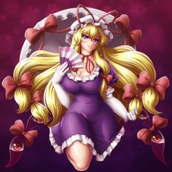Rule 34 | 1girl, blonde hair, breasts, choker, cleavage, colored eyelashes, curvy, dress, elbow gloves, folding fan, frills, gap (touhou), gloves, hair ribbon, hand fan, hat, hat ribbon, highres, large breasts, lips, long hair, looking at viewer, mazume, mob cap, parted lips, puffy short sleeves, puffy sleeves, purple dress, purple eyes, ribbon, ribbon choker, shiny skin, short dress, short sleeves, smile, solo, thighs, touhou, very long hair, wide hips, yakumo yukari
