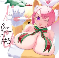 Rule 34 | 1girl, absurdres, animal ears, breast curtains, breasts, cat ears, cat girl, christmas, cleavage, disgaea, highres, huge breasts, large breasts, looking at viewer, nekomata (disgaea), oniric, pink hair, purple eyes, ribbon, signature, smile, solo, tongue, tongue out, upper body, white background