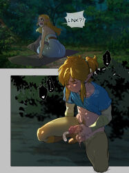 Rule 34 | 1boy, 1girl, 2koma, abs, blonde hair, blue tunic, bush, clothes pull, comic, cum, dark penis, detached sleeves, dress, earrings, ejaculation, english text, hiding, jewelry, kneeling, kukumomo, link, long hair, male masturbation, male pubic hair, masturbation, motion blur, mouth hold, night, nintendo, pants, pants pull, parted hair, penis, pointy ears, princess zelda, pubic hair, short hair, short ponytail, sidelocks, solo focus, speech bubble, strapless, strapless dress, testicles, the legend of zelda, the legend of zelda: breath of the wild, thick eyebrows, tunic lift, uncensored, waking up, white dress