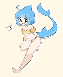 Rule 34 | 1girl, bikini, black eyes, blue hair, blunt bangs, breasts, heart, heart-shaped pupils, highres, inflatable armbands, lemyawn, navel, original, parted lips, shark fin, shark girl, sharp teeth, short hair, simple background, small breasts, smile, solo, swimsuit, symbol-shaped pupils, teeth, tori (lemyawn), yellow background, yellow bikini