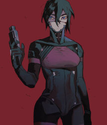 Rule 34 | 1girl, black hair, blue eyes, closed mouth, cowboy shot, cyborg, elster (signalis), gun, hair between eyes, hand up, hashtag-only commentary, highres, holding, holding gun, holding weapon, looking at viewer, multicolored eyes, red background, red eyes, short hair, signalis, simple background, solo, standing, weapon, yulei yuuuuu