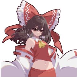 Rule 34 | 1girl, armpit crease, ascot, bow, brown eyes, brown hair, collared shirt, edz drawz, frilled bow, frilled hair tubes, frills, hair bow, hair tubes, hakurei reimu, looking at viewer, looking down, medium hair, midriff, navel, pixel art, red bow, red shirt, red skirt, red vest, ribbon-trimmed sleeves, ribbon trim, shirt, simple background, skirt, sleeveless, sleeveless shirt, solo, touhou, vest, white background, white sleeves, wide sleeves, yellow ascot