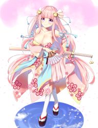 Rule 34 | 1girl, absurdres, armpits, bare shoulders, bell, blunt bangs, breasts, cherry blossoms, cleavage, collarbone, commentary request, detached sleeves, folding fan, full body, hair bell, hair ornament, hand fan, highres, holding, holding fan, japanese clothes, katana, kneehighs, large breasts, long hair, long sleeves, looking at viewer, obi, original, pink hair, pink skirt, pleated skirt, purple eyes, ribbon-trimmed sleeves, ribbon trim, sandals, sash, shinko gunsei, sidelocks, simple background, skirt, smile, socks, solo, standing, sword, v-shaped eyebrows, weapon, weapon on back, white socks, wide sleeves