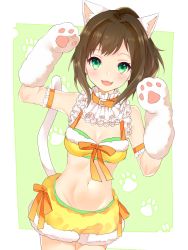 Rule 34 | 10s, 1girl, :3, animal ears, animal hands, armband, bad id, bad pixiv id, bow, brown hair, cat ears, cat tail, choker, commentary request, fang, gloves, green eyes, highres, idolmaster, idolmaster cinderella girls, maekawa miku, midriff, navel, paw gloves, paw pose, peronyan, shorts, solo, stomach, tail