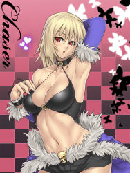 Rule 34 | 1girl, abs, arm behind head, armpits, blonde hair, bra, breasts, checkered background, choker, cleavage, detached sleeves, fur-trimmed sleeves, fur-trimmed waist cape, fur trim, houtengeki, large breasts, lingerie, navel, parted lips, ragnarok online, red eyes, short hair, short shorts, shorts, solo, stalker, stalker (ragnarok online), underwear, waist cape
