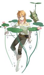 Rule 34 | 1boy, artist name, belt, belt buckle, blonde hair, blue eyes, boots, brown belt, buckle, collarbone, commentary, earrings, flower, full body, highres, jewelry, korok, leaf, leopardtiger, lily pad, link, looking at viewer, male focus, midriff peek, navel, nintendo, open mouth, pants, plant, pointy ears, sleeves past elbows, the legend of zelda, the legend of zelda: breath of the wild, white background