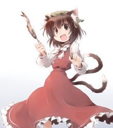Rule 34 | 1girl, animal ears, bow, brown eyes, brown hair, cat ears, cat girl, cat tail, chen, dress, earrings, fang, female focus, fish, food, hat, jewelry, long sleeves, looking at viewer, multiple tails, nail polish, nekoguruma, nekomata, open mouth, red dress, red nails, shirt, simple background, single earring, smile, solo, stick, tail, touhou, white background