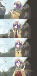 Rule 34 | 1boy, 1girl, 2others, ^ ^, blush, closed eyes, extra, facing another, falling leaves, floating hair, flower, hair flower, hair ornament, hieda no akyuu, highres, leaf, looking at viewer, multiple others, natomaki, outdoors, purple hair, smile, solo focus, time lapse, touhou, waving