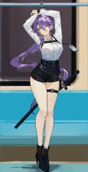 Rule 34 | 1girl, absurdres, arms up, black shorts, bound, bound wrists, character request, cuffs, handcuffs, high-waist shorts, highres, id card, katana, lance (lancelliu), original, ponytail, purple hair, shorts, sidelocks, solo, source request, sword, train interior, weapon
