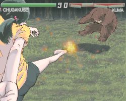 Rule 34 | 1girl, animal abuse, barefoot, bear, black hair, brown bear, commentary, fake screenshot, fighting game, foreshortening, forest, gameplay mechanics, hair bobbles, hair ornament, kicking, lowres, nature, oekaki, romaji text, short twintails, translated, twintails, ymr