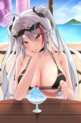 Rule 34 | 1girl, absurdres, azur lane, beach, bikini, black bikini, black choker, choker, cross, cross earrings, earrings, eyewear on head, flag print, food, german flag, german flag bikini, hand on own cheek, hand on own face, head rest, highres, indoors, iron cross, jewelry, looking at viewer, meron (mblalula), multicolored hair, official alternate costume, orange eyes, pov across table, prinz eugen (azur lane), prinz eugen (unfading smile) (azur lane), round table, sand, shaved ice, solo, streaked hair, sunglasses, swimsuit, table, upper body, water, window, wooden table