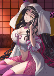 Rule 34 | 1girl, bare shoulders, black hair, breasts, chest tattoo, cleavage, collarbone, dress, facial mark, fate/extra, fate/extra ccc, fate (series), forehead mark, grin, highres, horns, ksfactory, large breasts, long hair, long sleeves, looking at viewer, parted bangs, pink thighhighs, sessyoin kiara, sideboob, smile, solo, tattoo, thighhighs, thighs, veil, very long hair, wavy hair, white dress, wide sleeves, yellow eyes