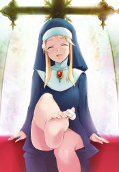 Rule 34 | 10s, 1girl, ^ ^, barefoot, between toes, blonde hair, brooch, clarice (cinderella girls), clarice (idolmaster), closed eyes, cross, closed eyes, feet, foot focus, holding with feet, habit, happy, idolmaster, idolmaster cinderella girls, jewelry, kaiga, nun, open mouth, sitting, smile, soles, solo, toes