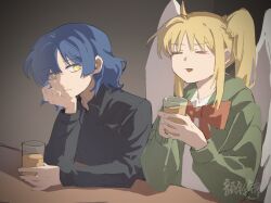 Rule 34 | 2girls, ahoge, black shirt, blonde hair, blue hair, bocchi the rock!, bow, bowtie, bright pupils, chinese commentary, closed eyes, collared shirt, commentary request, cup, gradient background, green jacket, grey background, highres, holding, holding cup, ijichi nijika, indoors, jacket, long sleeves, multiple girls, red bow, red bowtie, shirt, short hair, side ponytail, tongue, tongue out, upper body, white pupils, white shirt, yamada ryo, yanlingjinshilihuahua, yellow eyes