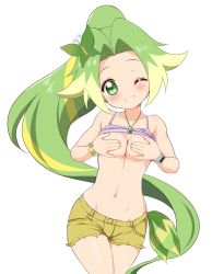 Rule 34 | 1girl, breasts, covering privates, covering breasts, jewelpet (series), jewelpet magical change, non-web source, peridot (jewelpet), short shorts, shorts, simple background, tagme, white background