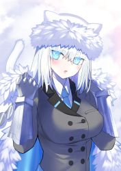 Rule 34 | 1girl, animal ears, blue eyes, blush, breasts, buttons, cape, capelet, cat ears, cat girl, cat tail, dobrynya nikitich (fate), dobrynya nikitich (first ascension) (fate), double-breasted, fate/grand order, fate (series), fur-trimmed capelet, fur-trimmed headwear, fur trim, gauntlets, grey jacket, hat, highres, jacket, large breasts, long hair, long sleeves, looking at viewer, low ponytail, necktie, parted lips, robina, tail, white cape, white capelet, white hair, white hat