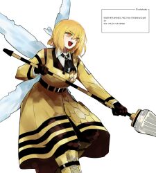 Rule 34 | 1girl, ascot, black ascot, blonde hair, boots, coat, collared shirt, don quixote (project moon), e.g.o (project moon), highres, holding, holding weapon, insect wings, lance, library of ruina, limbus company, long sleeves, low ponytail, medium hair, naughty 0b, open mouth, polearm, project moon, shirt, simple background, smile, solo, weapon, white background, white shirt, wings, yellow coat, yellow eyes, yellow footwear