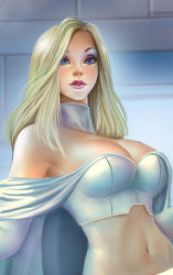 Rule 34 | 10s, 1girl, blonde hair, blue eyes, breasts, cape, cleavage, didi esmeralda, emma frost, large breasts, lips, lipstick, long hair, looking at viewer, makeup, marvel, midriff, navel, nose, solo, upper body, x-men