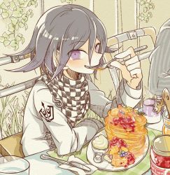 Rule 34 | 2boys, blush, butter knife, checkered clothes, checkered scarf, danganronpa (series), danganronpa v3: killing harmony, eating, food, fork, fruit, holding, jam, jar, male focus, multiple boys, oma kokichi, out of frame, pancake, plate, purple eyes, purple hair, saihara shuichi, scarf, sitting, solo focus, straitjacket, syrup, table, ticktack chicken, whipped cream