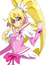 Rule 34 | 1girl, aida mana, blonde hair, brooch, clenched hand, cure heart, dokidoki! precure, earrings, half updo, heart, heart brooch, jewelry, long hair, nanashishi, pink eyes, pink skirt, ponytail, precure, ribbon, serious, simple background, skirt, solo, white background