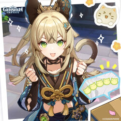 Rule 34 | 1girl, :d, absurdres, animal ears, bare shoulders, blonde hair, cat ears, cat tail, clenched hands, commentary, copyright name, crop top, detached sleeves, genshin impact, green eyes, hair intakes, hair ornament, hairclip, half updo, hands up, highres, kirara (genshin impact), long hair, long sleeves, looking at viewer, midriff, official art, open mouth, smile, solo, stomach, tail, upper body