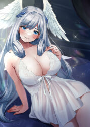Rule 34 | 1girl, absurdres, alternate costume, arm up, babydoll, blue eyes, breasts, cleavage, commentary request, commission, curly hair, feathered wings, grey hair, hair ornament, head wings, highres, large breasts, leaning to the side, long hair, looking at viewer, melia antiqua, panties, parted lips, sahara1127, sitting, skeb commission, solo, underwear, white babydoll, white panties, white wings, wings, xenoblade chronicles (series), xenoblade chronicles 3