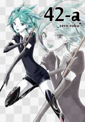 Rule 34 | black gloves, black necktie, elbow gloves, gloves, green eyes, green hair, happy, highres, holding, houseki no kuni, looking at viewer, necktie, open mouth, personification, phosphophyllite, short hair, short sleeves, solo, standing, standing on one leg, sword, uniform, weapon, zoom layer, zun (m o v o m)