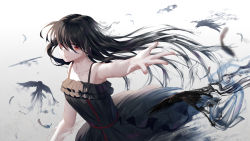 Rule 34 | 1girl, animal, bare arms, bare shoulders, bird, black dress, black hair, collarbone, commentary request, crow, dress, fingernails, frilled dress, frills, gradient background, grey background, hair between eyes, highres, ji dao ji, long hair, looking at viewer, original, outstretched arm, red eyes, sleeveless, sleeveless dress, solo, spread fingers, very long hair, white background