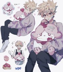 Rule 34 | 1boy, :d, apron, bandaid, bandaid on face, black pants, blonde hair, blue oak, blush, blush stickers, bowl, closed eyes, commentary request, creatures (company), food, fruit, game freak, gen 6 pokemon, hair between eyes, hair ornament, hairclip, holding, holding bowl, holding pokemon, holding whisk, long sleeves, looking at viewer, male focus, nintendo, open mouth, pants, pokemon, pokemon (creature), pokemon rgby, rare candy, sekaiitinoki, slurpuff, smile, socks, sparkle, spiked hair, strawberry, whisk, white background, white legwear