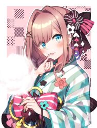 Rule 34 | 1girl, :p, aqua eyes, blush, border, bow, brown flower, commentary request, flower, food, green kimono, hair flower, hair intakes, hair ornament, hairclip, hanabana tsubomi, hand up, highres, holding, holding food, japanese clothes, kimono, long sleeves, looking at viewer, medium hair, nijisanji, outline, pink background, pink bow, pink flower, pink hair, pink ribbon, ribbon, rope, smile, solo, striped clothes, striped kimono, suzuhara lulu, tongue, tongue out, upper body, vertical-striped clothes, vertical-striped kimono, waist bow, white border, white flower, white kimono, white outline, wide sleeves, x hair ornament